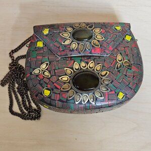 Handcrafted Mosaic Purse With Chain Strap & Sunburst Design Red/Green & Brass Ac